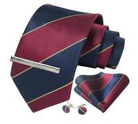 CWKOON Striped Plaid Polka Dot Mens Tie Formal Necktie Pocket Squares Ties Clips Cufflinks Classic for Men Set, Red Navy Blue, One Size