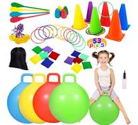 CWLAKON 5-in-1 Outdoor Carnival Games Set 53Pcs, Hopper Balls for Kids, Soft Plastic Cones Bean Bags Ring Toss Game, Egg Spoon Relay Race, Sports Day Kit Garden Lawn Party Game for Birthdays, BBQs