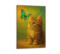 CWLLOG Canvas Prints Wall Art Posters Animal Orange Cat with Butterfly Illustration Frame-style Modern Living Room And Bedroom Decor 16x24inch(40x60cm)