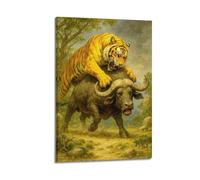 CWLLOG Canvas Prints Wall Art Posters Animal Tiger Attacking Buffalo Frame-style Modern Living Room And Bedroom Decor 12x18inch(30x45cm)