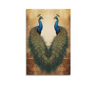 CWLLOG Canvas Prints Wall Art Posters Animal Vintage Symmetrical Peacocks with Spread Tails And Vintage Texture Background Modern Living Room And Bedroom Artwork Decor 20x30inch(50x75cm)