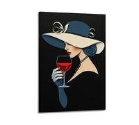 CWLLOG Canvas Prints Wall Art Posters Art Lady In Blue-White Hat With Red Wine Frame-style Modern Living Room And Bedroom Decor 20x30inch(50x75cm)