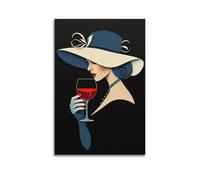 CWLLOG Canvas Prints Wall Art Posters Art Lady In Blue-White Hat With Red Wine Unframe-style Modern Living Room And Bedroom Decor 12x18inch(30x45cm)