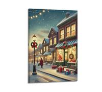 CWLLOG Canvas Prints Wall Art Posters Christmas Snowy Street with Red Lit Shops Exhibiting Warm Market Modern Living Room And Bedroom Artwork Decor 24x36inch(60x90cm)