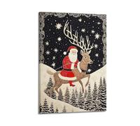 CWLLOG Canvas Prints Wall Art Posters Christmas Woodcut Style Santa Riding Reindeer Exhibiting Traditional Delight Modern Living Room And Bedroom Artwork Decor 16x24inch(40x60cm)