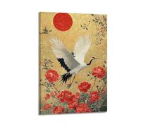 CWLLOG Canvas Prints Wall Art Posters Cultural Decoration Decorative Painting of Red Peonies And Crane on Golden Background Modern Living Room And Bedroom Artwork Decor 24x36inch(60x90cm)