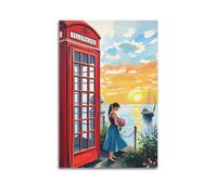 CWLLOG Canvas Prints Wall Art Posters Culture British Style Woman by Seaside with Sailboat Next to Red Telephone Booth Modern Living Room And Bedroom Artwork Decor 16x24inch(40x60cm)