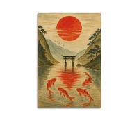 CWLLOG Canvas Prints Wall Art Posters Culture Japanese-style Red Sun Torii Koi Illustration Modern Living Room And Bedroom Artwork Decor 16x24inch(40x60cm)