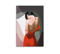 CWLLOG Canvas Prints Wall Art Posters Humanities Flat Red Dress Female Back View Illustration Unframe-style Modern Living Room And Bedroom Decor 24x36inch(60x90cm)