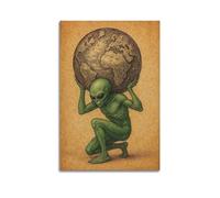 CWLLOG Canvas Prints Wall Art Posters Humorous Alien Lifting Earth Unframe-style Modern Living Room And Bedroom Decor 24x36inch(60x90cm)