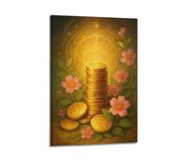 CWLLOG Canvas Prints Wall Art Posters Inspirational Gold Coins And Flowers Wealth Frame-style Modern Living Room And Bedroom Decor 12x18inch(30x45cm)
