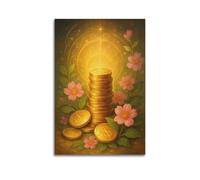 CWLLOG Canvas Prints Wall Art Posters Inspirational Gold Coins And Flowers Wealth Unframe-style Modern Living Room And Bedroom Decor 20x30inch(50x75cm)