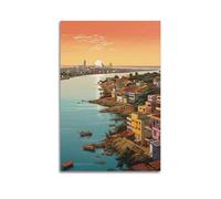 CWLLOG Canvas Prints Wall Art Posters Landscape Illustrative Style Riverside City Sunset Modern Living Room And Bedroom Artwork Decor 16x24inch(40x60cm)