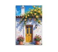 CWLLOG Canvas Prints Wall Art Posters Landscape Mediterranean White House Courtyard with Yellow Roses Modern Living Room And Bedroom Artwork Decor 20x30inch(50x75cm)