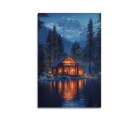 CWLLOG Canvas Prints Wall Art Posters Landscape Moonlit Lake Cabin Snow Mountain Modern Living Room And Bedroom Artwork Decor 20x30inch(50x75cm)