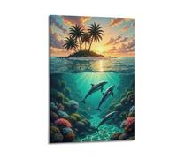 CWLLOG Canvas Prints Wall Art Posters Life Sunset Island Underwater Dolphin Scene Modern Living Room And Bedroom Artwork Decor 20x30inch(50x75cm)