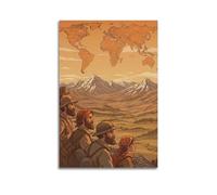 CWLLOG Canvas Prints Wall Art Posters Map Explorers Looking at Mountain World Map Unframe-style Modern Living Room And Bedroom Decor 16x24inch(40x60cm)