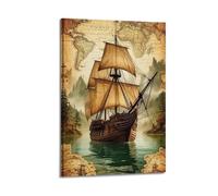 CWLLOG Canvas Prints Wall Art Posters Nautical Vintage Ship with World Map Frame-style Modern Living Room And Bedroom Decor 12x18inch(30x45cm)