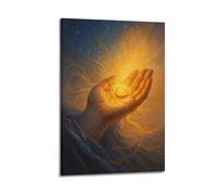 CWLLOG Canvas Prints Wall Art Posters ReligionAbstract Holy Light Gold Coin in Palm Frame-style Modern Living Room And Bedroom Decor 20x30inch(50x75cm)