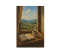 CWLLOG Canvas Prints Wall Art Posters Scenery Coffee And Book by Window View Unframe-style Modern Living Room And Bedroom Decor 20x30inch(50x75cm)