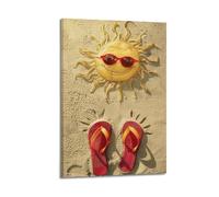 CWLLOG Canvas Prints Wall Art Posters Scenery Hand-drawn Sun Flip-flops On The Beach Modern Living Room And Bedroom Artwork Decor 08x12inch(20x30cm)