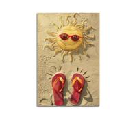 CWLLOG Canvas Prints Wall Art Posters Scenery Hand-drawn Sun Flip-flops On The Beach Modern Living Room And Bedroom Artwork Decor 08x12inch(20x30cm)