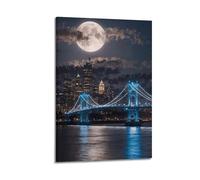 CWLLOG Canvas Prints Wall Art Posters Urban Night View Blue Moon City by The Bridge Frame-style Modern Living Room And Bedroom Decor 24x36inch(60x90cm)