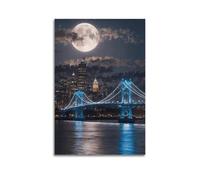 CWLLOG Canvas Prints Wall Art Posters Urban Night View Blue Moon City by The Bridge Unframe-style Modern Living Room And Bedroom Decor 12x18inch(30x45cm)