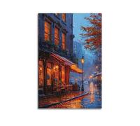 CWLLOG Canvas Wall Art PostersLandscape Poster Rainy Night Street And Warm - Light Shop Landscape Canvas Painting Modern Living Room And Bedroom Decor 20x30inch(50x75cm)
