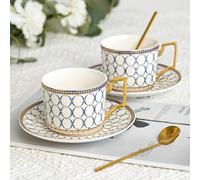 CwlwGO- European Bone China Tea Cup Sets Of 2,Elegance Blue and White Ceramic Cup and Saucers, For Women Tea Parties or Gifts Giving.