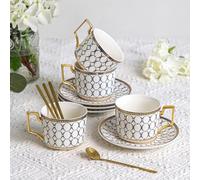 CwlwGO-European Style Cup and saucer set, 7 Oz bone China beautifully glazed white Gold Tea Cup and saucer, golden spoon, Mug, Cappuccino, Latte, MOCHA . (4 pack).