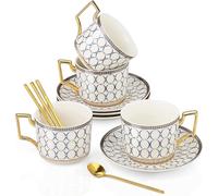 CwlwGO-European Style Cup and saucer set, 7 Oz bone China beautifully glazed white Gold Tea Cup and saucer, golden spoon, Mug, Cappuccino, Latte, MOCHA . (4 pack).
