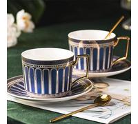 CwlwGO-European Style Cup and Saucer Set, 7 oz Bone China Exquisite Glazed Platinum Tea Cup and Saucer (Two Sets), Golden Spoon, Mug, Cappuccino, Latte, Mocha, Elegant Female Suit.