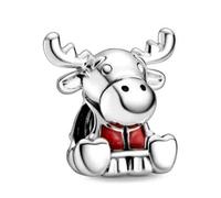 CWOne Designs Sterling Silver Christmas Charm Collection - Authentic S925 Sterling Silver Christmas Charms with Cubic Zirconia Charms & Gift Pouch (Santa's Reindeer)