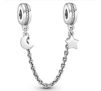 CWOne Designs Sterling Silver Safety Chain Charm, Ideal for Pandora Bracelets and Necklaces, Charm for Mum, Daughter, Wife, Sister, Niece, Birthday and Love Gift for Women (Moon and Stars)