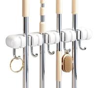 CWOVRS Broom Mop Holder Wall Mounted, Heavy Duty Broom Storage with 4 Slot 5 Hooks, Utility Room Storage Solutions for Broom Cupboard Kitchen Bathroom Garage & Garden Tool Organiser, 1 Pack, White