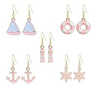 CWVHQ 5 Pairs Nautical Themed Sailboat Earrings Sailor Unique navy Nautical Ship Wheel Anchor Statement Drop Stud Earrings for Women Fashion, 自发货, Acrylic, No Gemstone