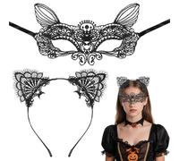 CWWYQ 2 Pcs Cat Mask and Cat Ears Headband, Sexy Black Lace Half Face Masks, Catwoman Accessories, Women's Masquerade Ball Fancy Dress for Cosplay Halloween Christmas Party Makeup Party Daily Decor