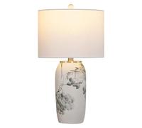 CWZZWS Chinoiserie White Ceramic Table Lamp Hand-Painted Landscape Painting Bedside Desk Lamp White Fabric Lampshade Nightstand Lamp for Bedroom Living Room Office