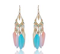 CWZZWS Feather Earrings -Bohemian Retro Hollow Geometric Diamond Long Feather Earrings,Feather Drop Dangle Boho Curved Needle Earrings For Women Fashion Jewellery ui
