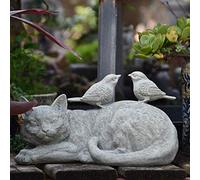 CWZZWS Garden Cat Ornament Decor Indoor Outdoor Animal Stone Decor Sculpture,Decorative Outdoor Cat Sleeping With Birds Statue Garden Ornaments A