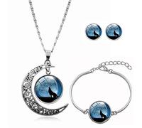 CWZZWS Long Pendant Necklaces For Women,Beautiful Round Moon Personality Wolf Animal,Rotating Moon Bracelet Stud Earring Suit European And American Necklace Jewelry Crystal Pendant Sweater Chain