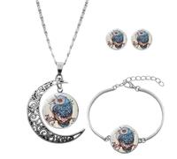 CWZZWS Long Pendant Necklaces for Women,Blue Owl, Character, Animal,Rotating Moon Bracelet Stud Earring Suit European and American Necklace Jewelry Crystal Pendant Sweater Chain Fashion Gift