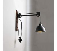 CWZZWS Mid Century Retro Iron Wall Lights Industrial Loft Pulley Wall Lamp Metal Dome Shade with Wooden Base Wall Sconce Suspended Rise and Fall Hangging E27 Antique Lighting for Indoor Living Room