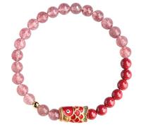 CWZZWS Natural Gemstone Bracelet, Strawberry Quartz Bracelet Cinnabar Round Beads Amulet Bracelet Auspicious Fish Charm Bracelet Good Luck Talisman for Wealth Money