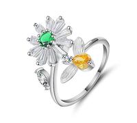 CWZZWS Open Rings For Women,Vintage Adjustable Ring Daisy Bee Green Zircon Romantic Jewelry Gift For Girl Women Couple Engagement Wedding Eternity Ring Xmas Gift