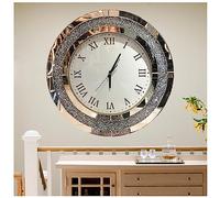 CWZZWS Silver Round Mirror Clock Crystal Sparkle Twinkle Bling Crush Diamond Mirrored Wall Clock for Wall Decoration Silver Glass Mirror Home Decor. AA Battery is Not Included,