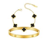 CWZZWS Women's Bracelet Gold Plated Cuff Bangle Bracelet Set for Women Four Leaf Lucky Bracelets Jewelry oval Bangle Witness the Gift of Love