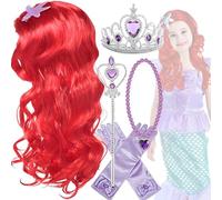 CXAFQ 5 Pieces Mermaid Suit, Including Red Wig, Crown, Gloves, Necklace, Princess Role-Playing, Little Gifts For Girls, Mermaid Bag Jewellery Gift Kit, Kids Cosplay Easter Gift