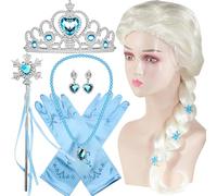 CXAFQ 6 mermaid blue decorations, including white wig, crown, gloves, necklace, magic wand, earrings, children's role-play Easter gift (no tail, no costume)
